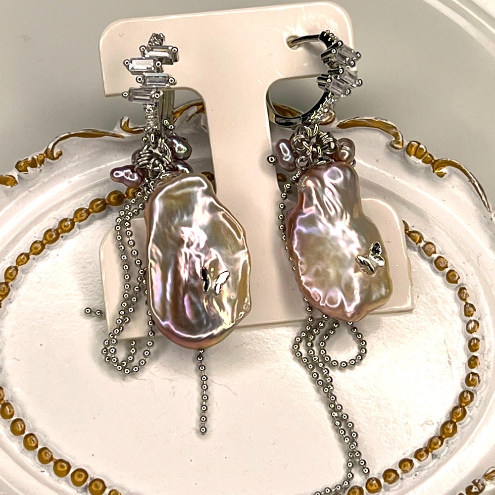 Handmade S925 Posts Freshwater Keshi Pearl Purple Unicorn Color Huggies Earrings